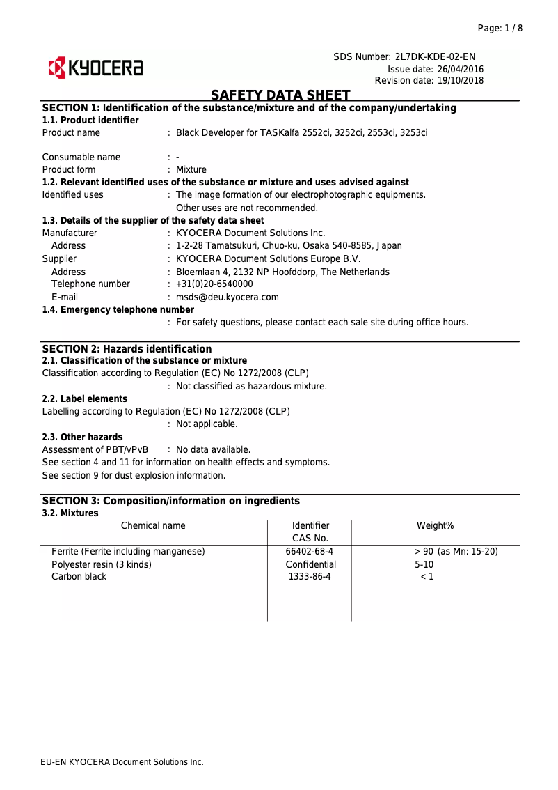 Page 1 of the manual Safety Instructions Kyocera TASKalfa 2553ci