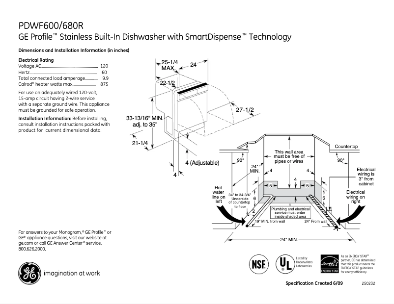 Page 1 of the manual Technical Sheet GE Profile PDWF600RBB