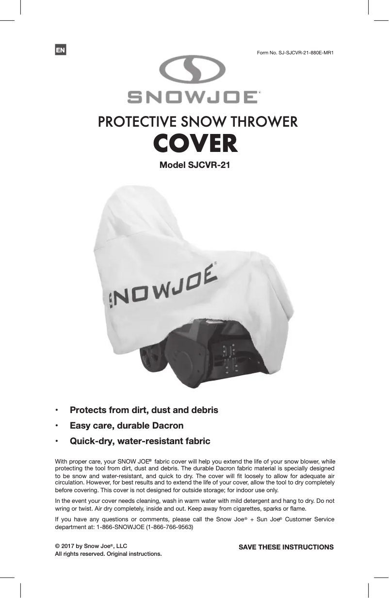 Page 1 of the manual User Manual Snow Joe SJCVR-21