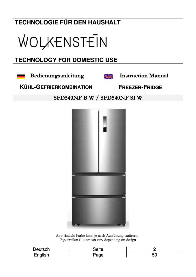 Page 1 of the manual User Manual Wolkenstein WFD540NF B