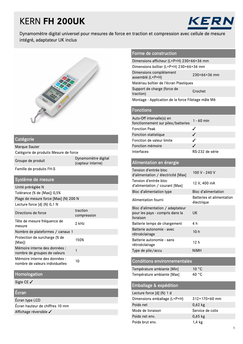 Page 1 of the manual Technical Sheet Kern FH 200UK