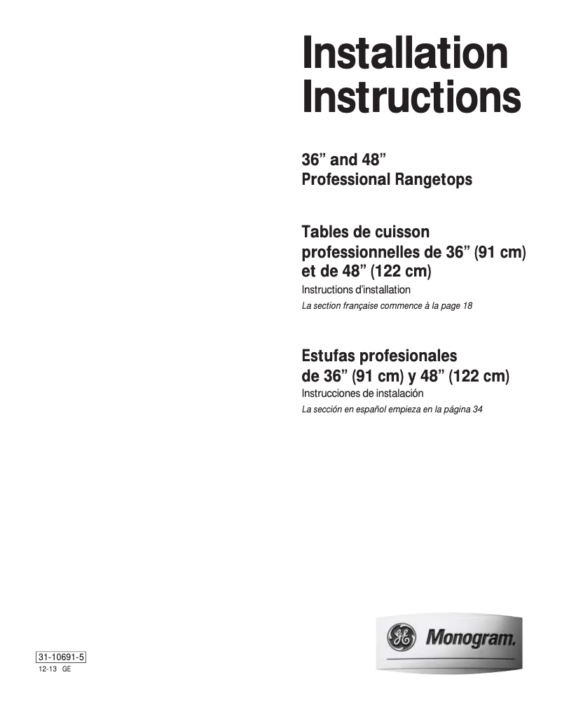 Page 1 of the manual Installation Guide GE ZGU484LGPSS