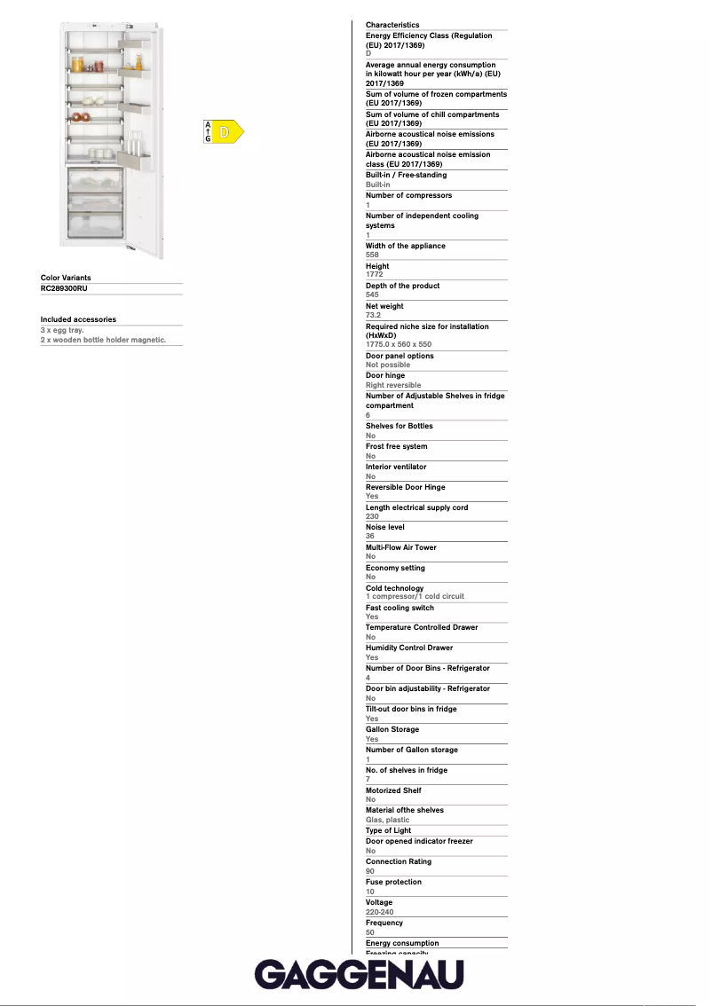Page 1 of the manual Technical Sheet Gaggenau RB289300SG