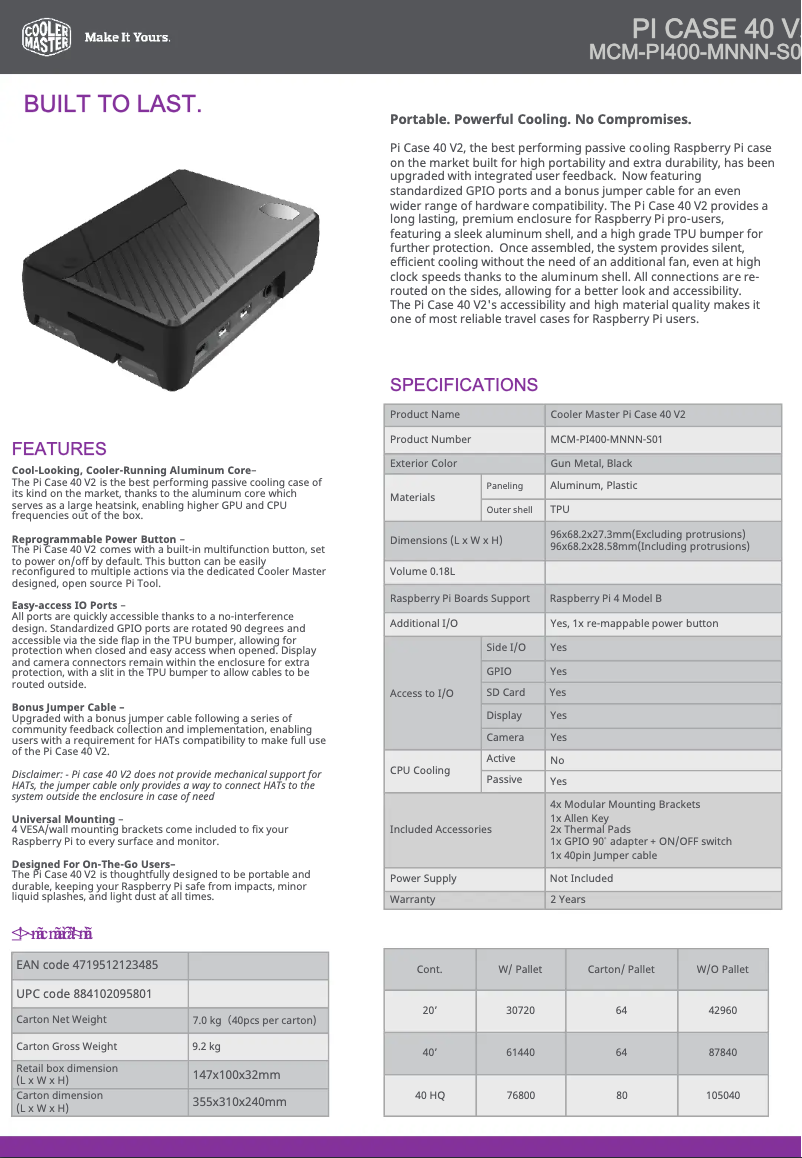 Page 1 of the manual Technical Sheet Cooler Master Pi Case 40 V2
