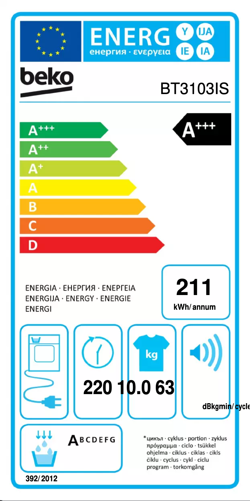 Page 1 of the manual Energy Label Beko BT3103IS