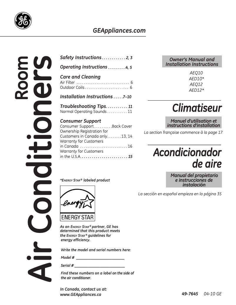 First page image of the manual for AEW18DN