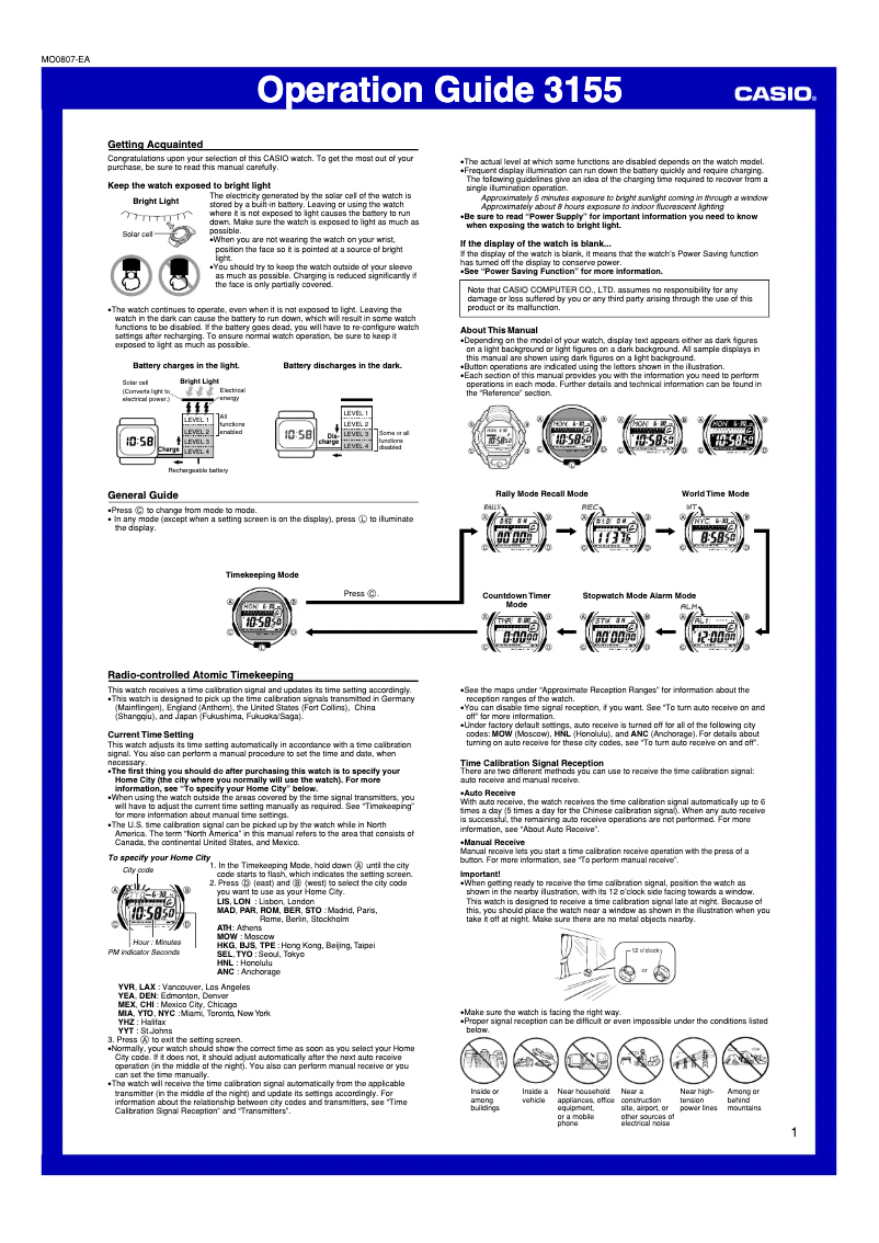 First page image of the manual for G-Shock GWM850-1