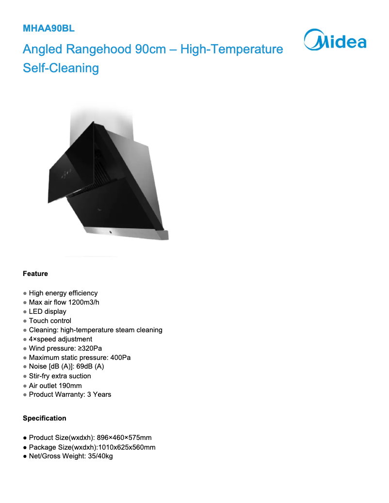 Page 1 of the manual Technical Sheet Midea MHAA90BL