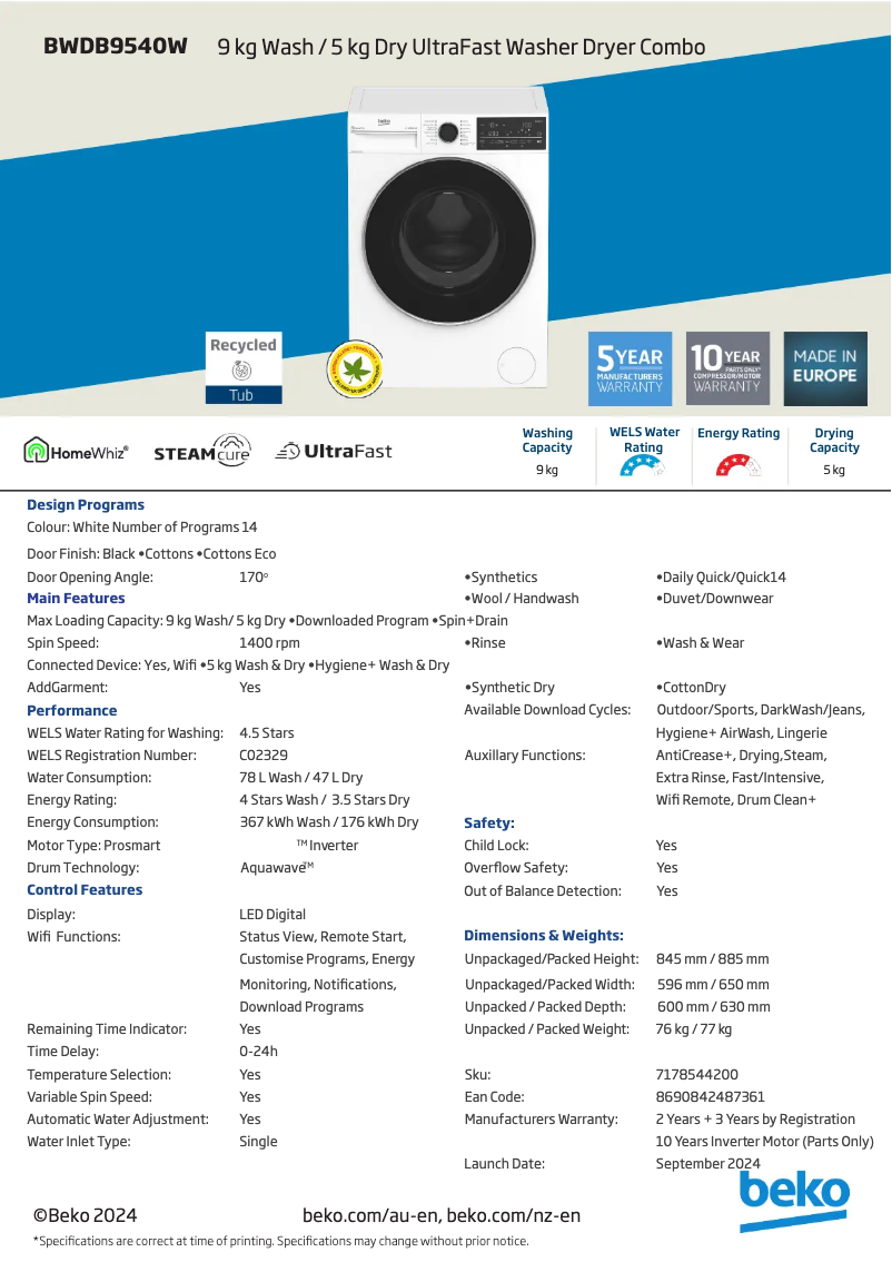 Page 1 of the manual Technical Sheet Beko BWDB9540W