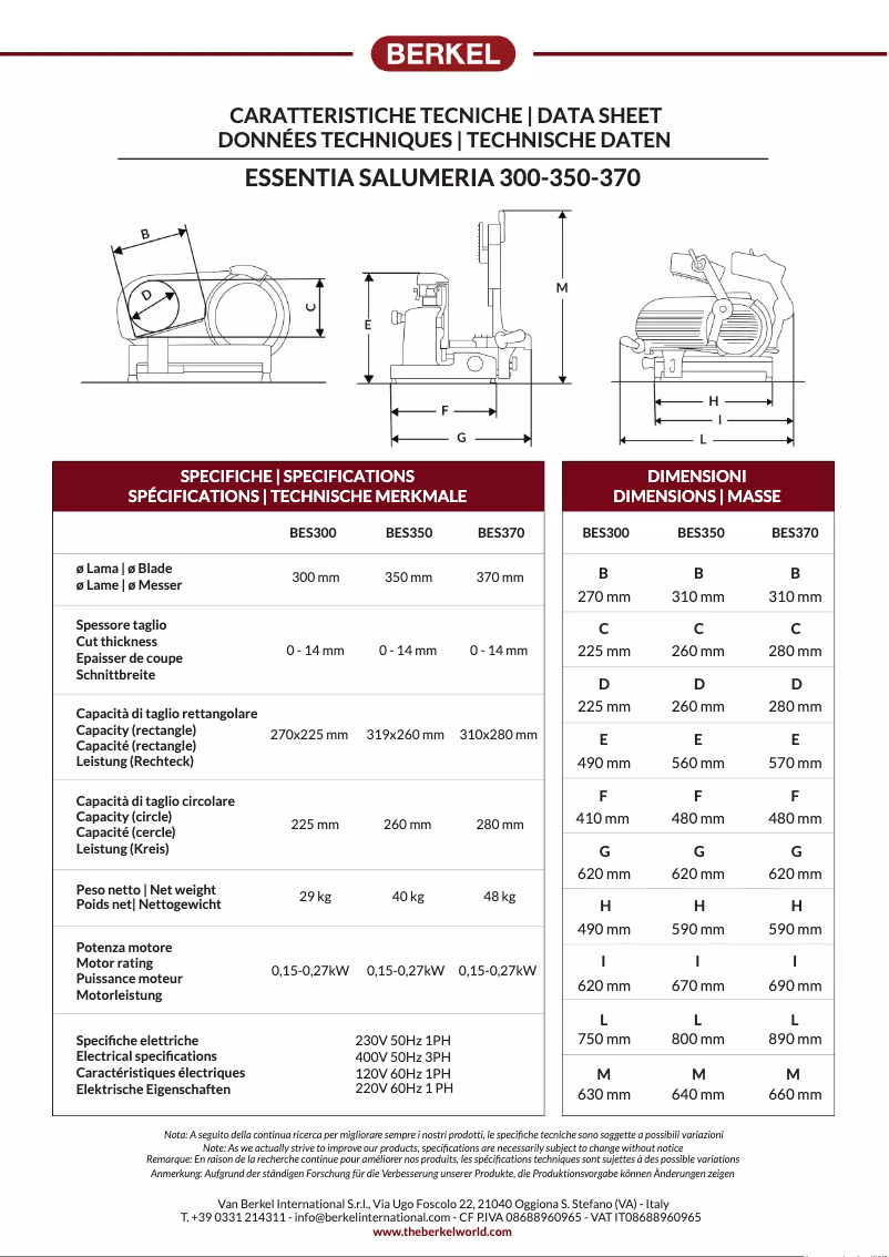 Page 1 of the manual Technical Sheet Berkel Essentia Salumeria BES370
