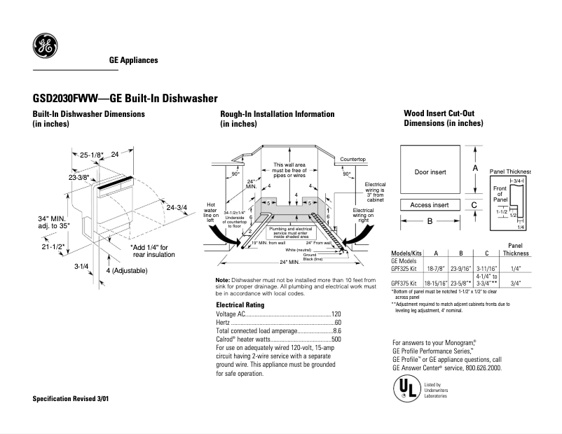 Page 1 of the manual Technical Sheet GE GSD2030FWW