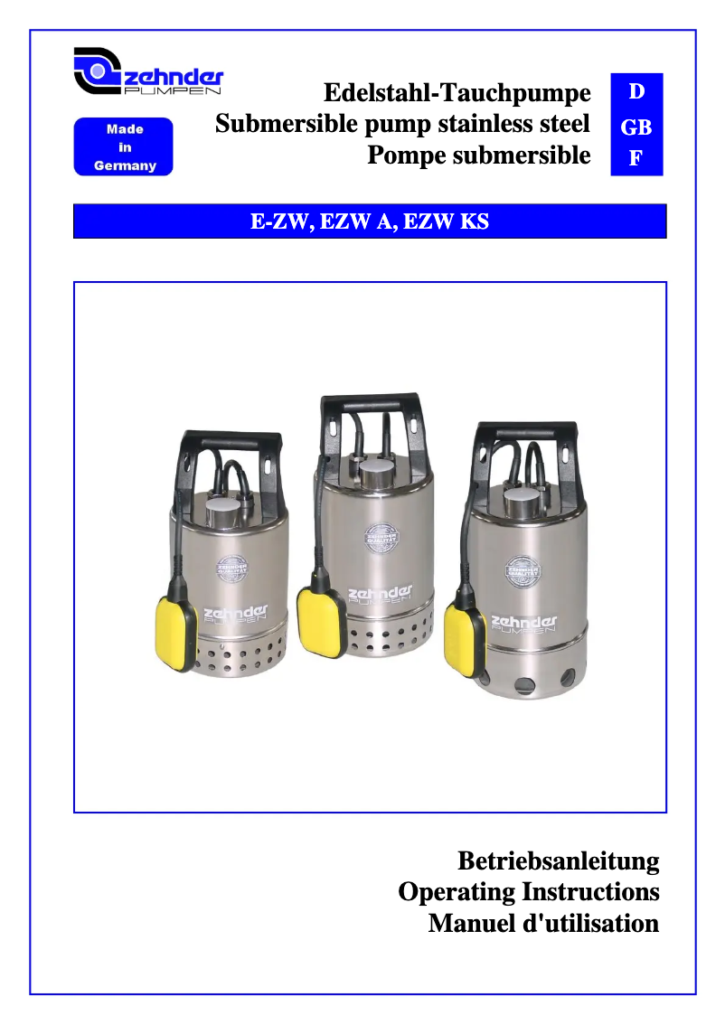 Page 1 of the manual User Manual Zehnder Pumpen E-ZW 65 A