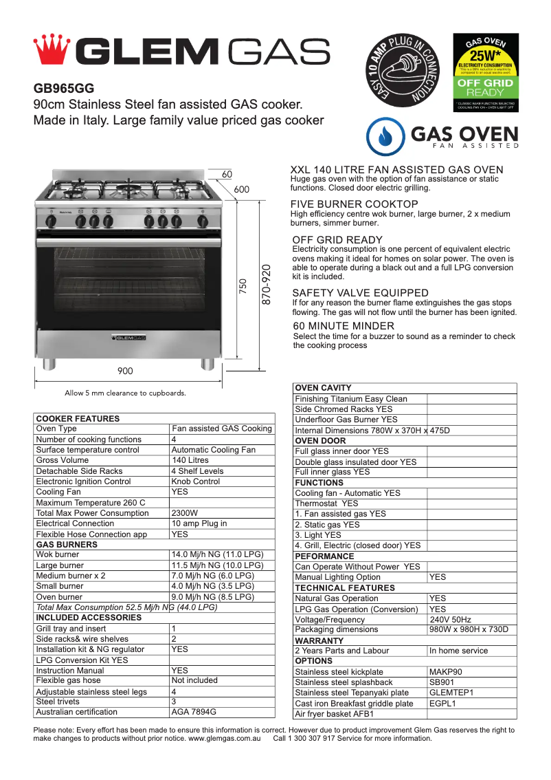 Page 1 of the manual Technical Sheet Glem Gas GB965GG