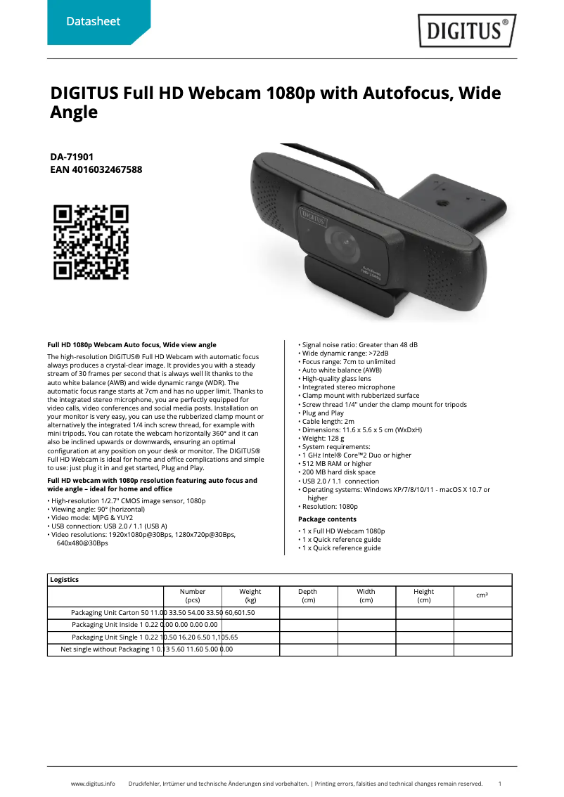 Page 1 of the manual Technical Sheet Digitus DA-71901