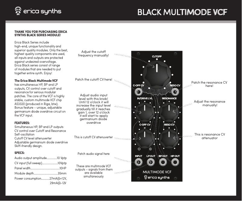 Page 1 of the manual User Manual Erica Synths Black Multimode VCF