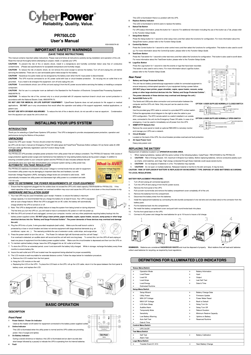 Page 1 of the manual Instruction Manual CyberPower PR750LCD