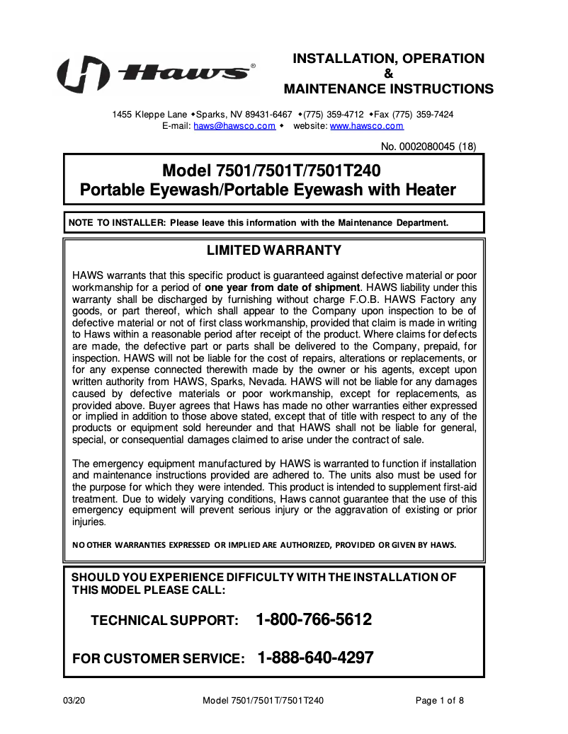 First page image of the manual for 7501T