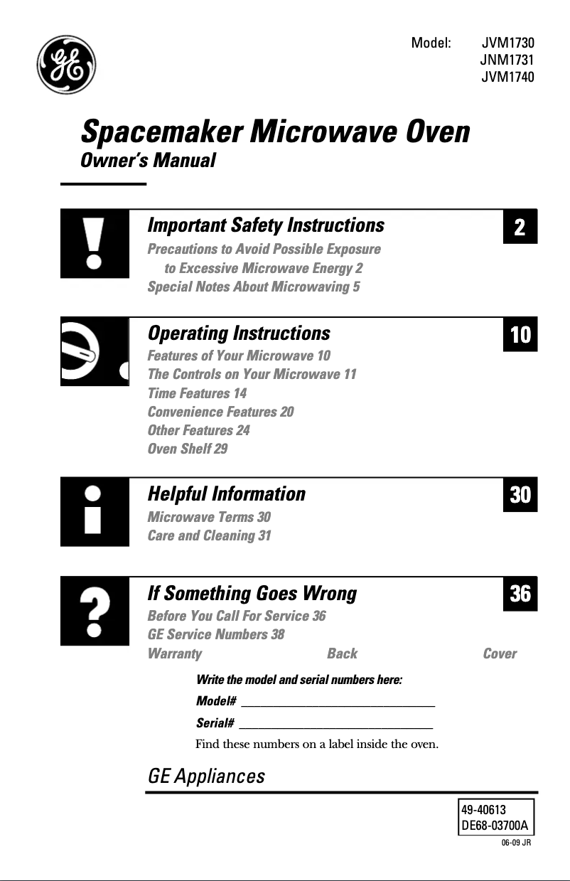 Page 1 of the manual Use and Maintenance Manual GE Spacemaker JVM1740DPCC