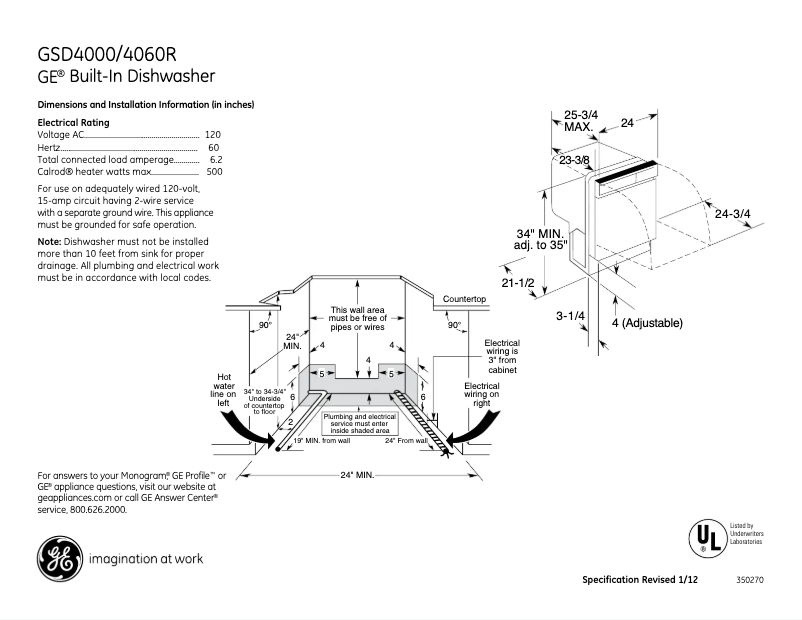 Page 1 of the manual Technical Sheet GE GSD4060VSS