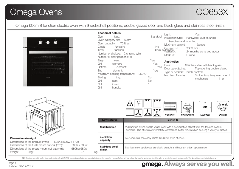 Page 1 of the manual Technical Sheet Omega OO653X