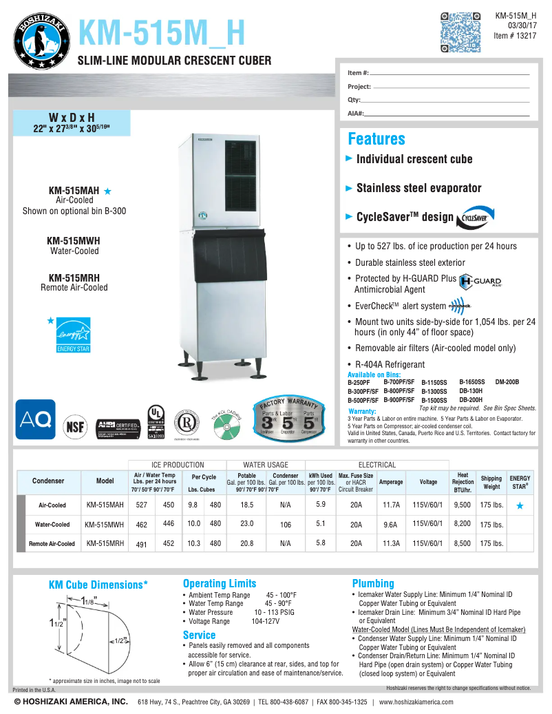 Page 1 of the manual Technical Sheet Hoshizaki KM-515MRH