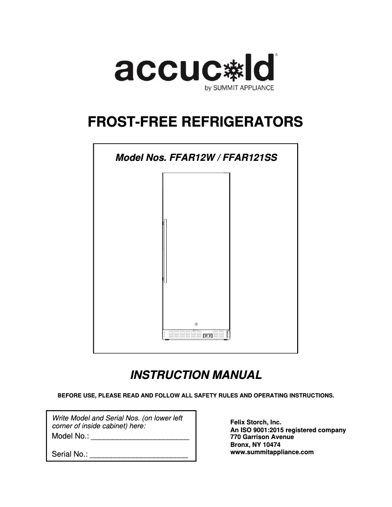 Page 1 of the manual User Manual Accucold FFAR12W