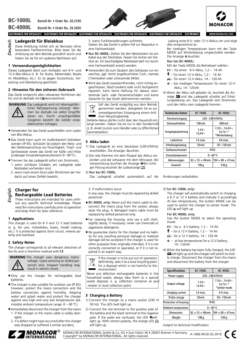 Page 1 of the manual User Manual Monacor BC-4000L
