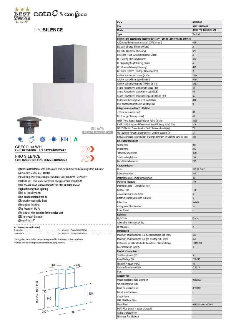 Page 1 of the manual Technical Sheet CATA GRECO 90WH PRO SILENCE