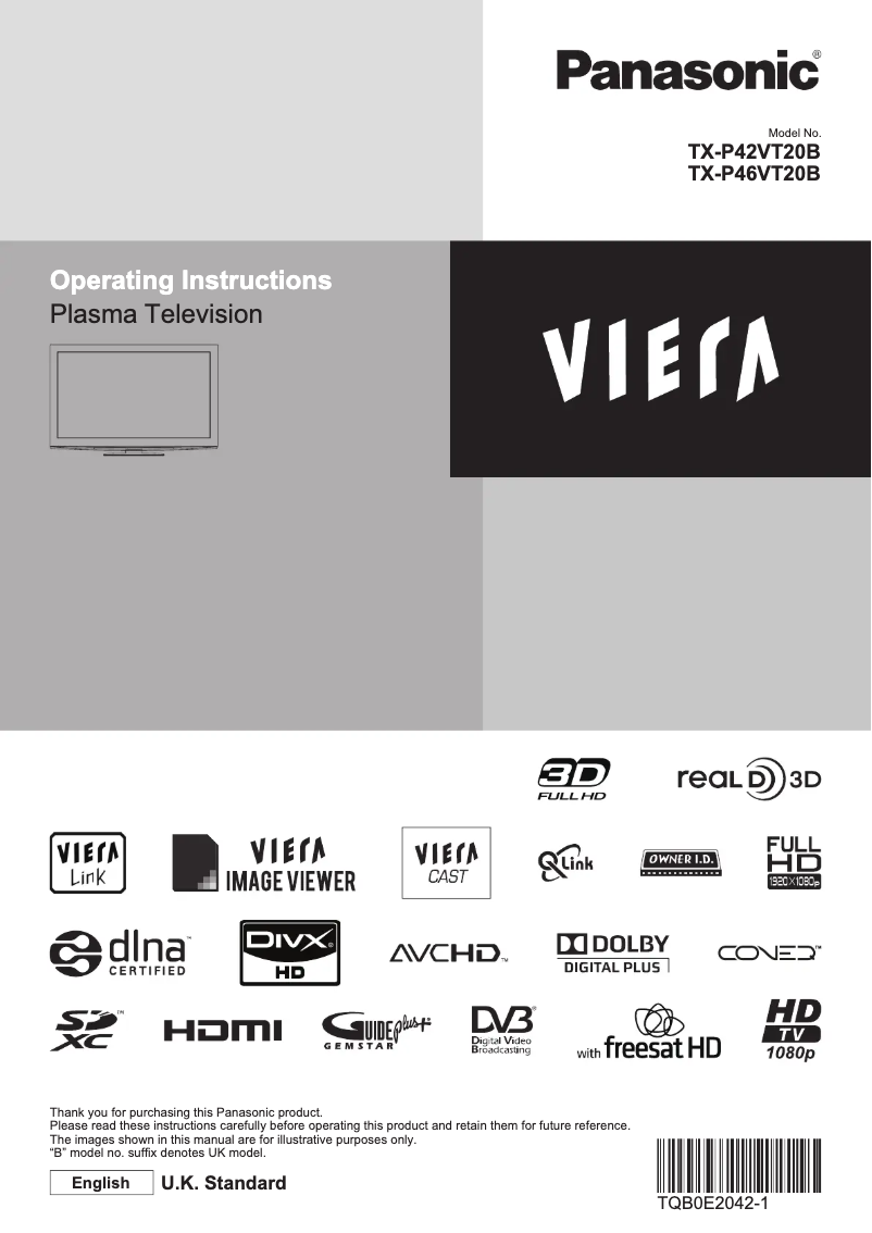 First page image of the manual for Viera TX-P42VT20B