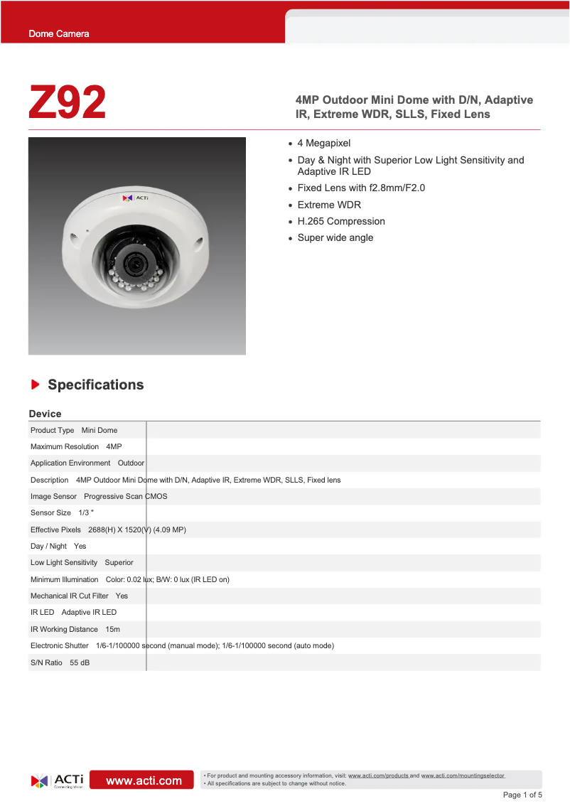 Page 1 of the manual Technical Sheet ACTi Z92