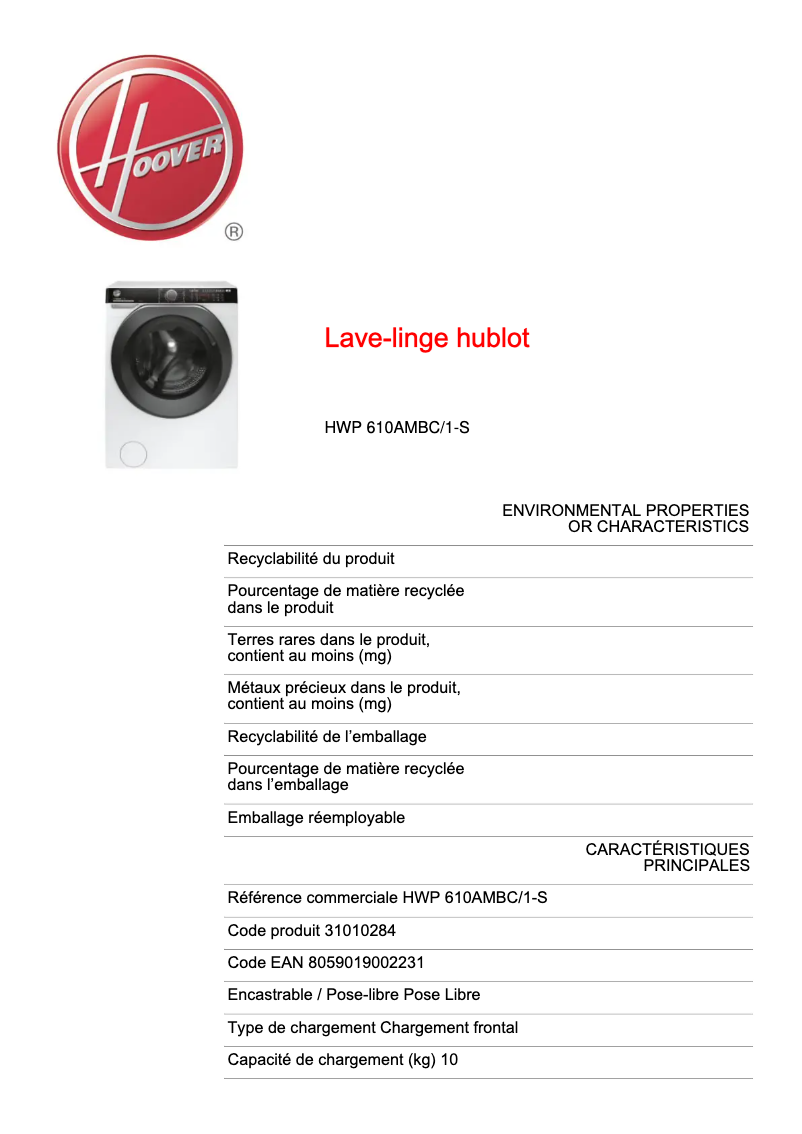 First page image of the manual for HWP 610AMBC/1-S