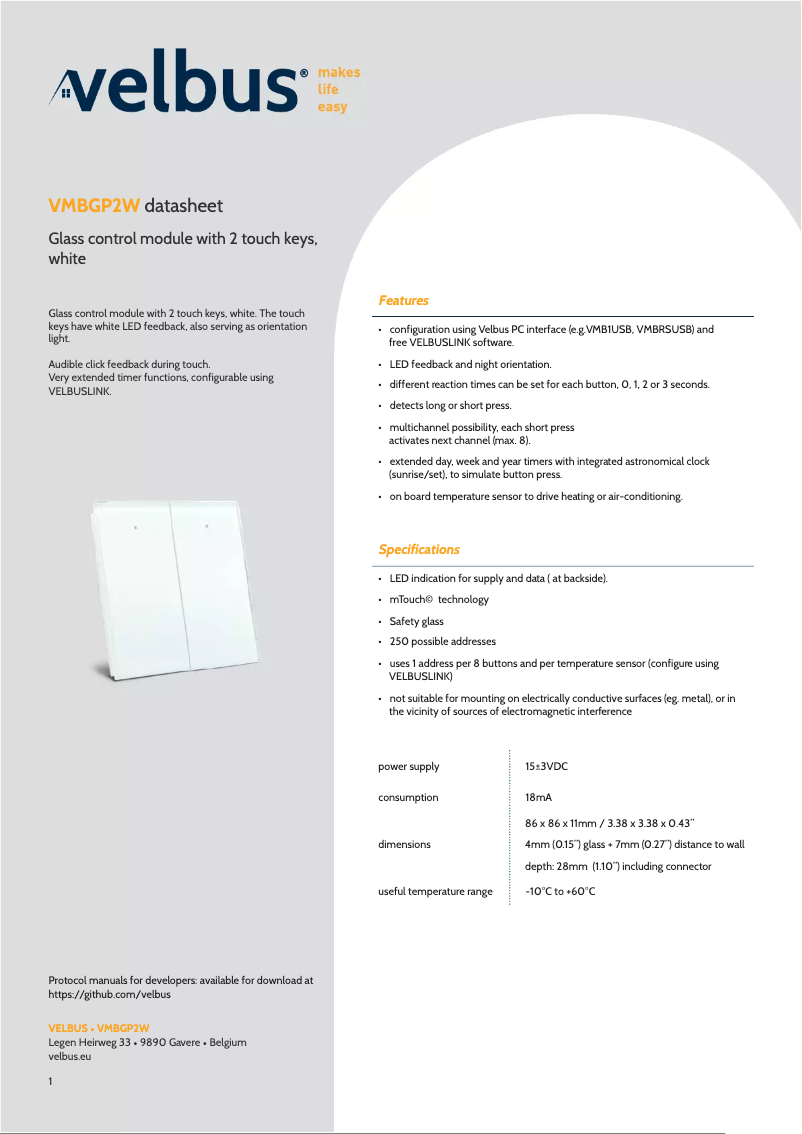 Page 1 of the manual Technical Sheet Velbus VMBGP2W