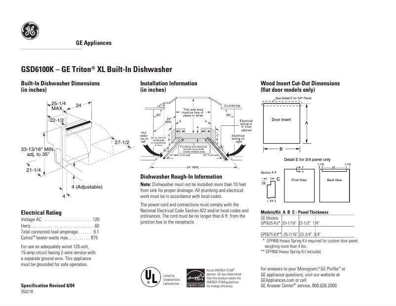 Page 1 of the manual Technical Sheet GE GSD6100KBB