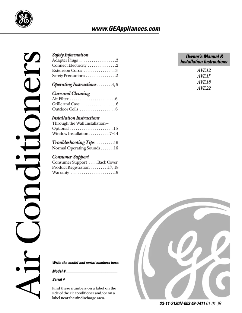 First page image of the manual for AVE22DA