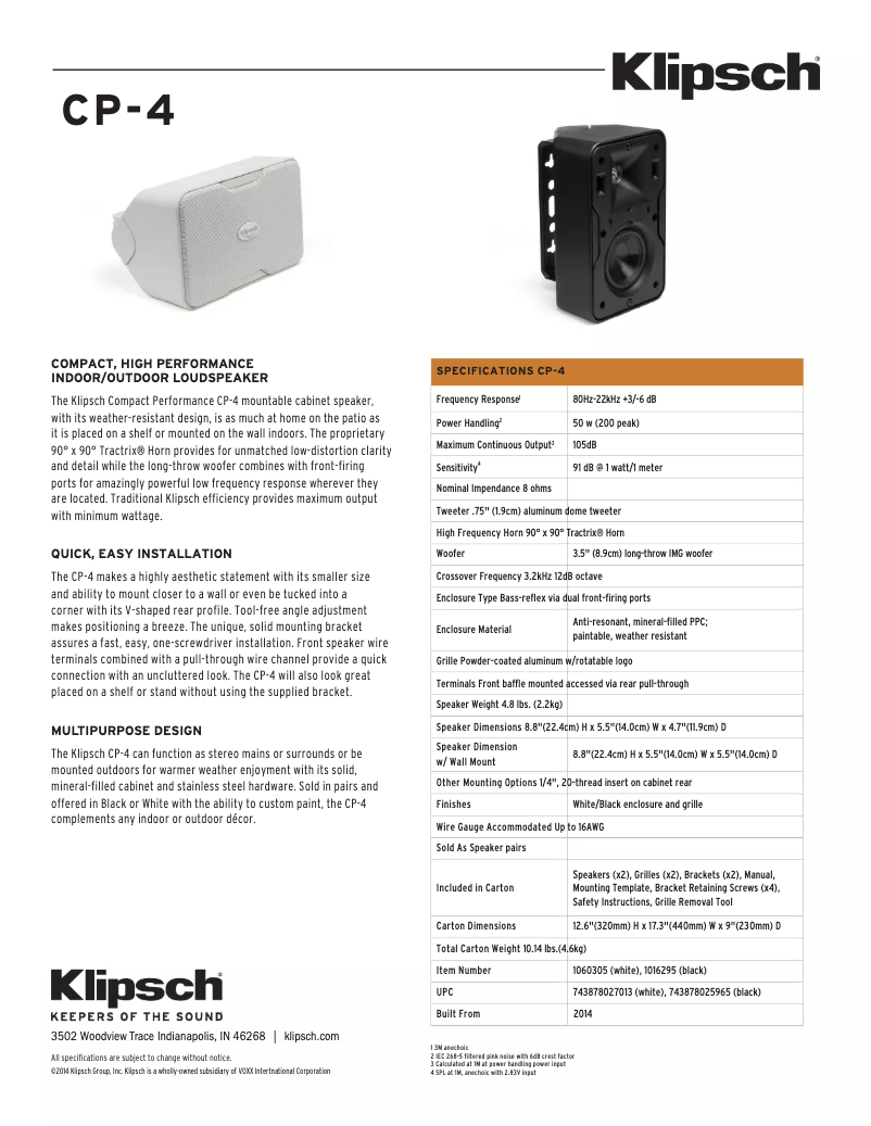Page 1 of the manual Technical Sheet Klipsch CP-4