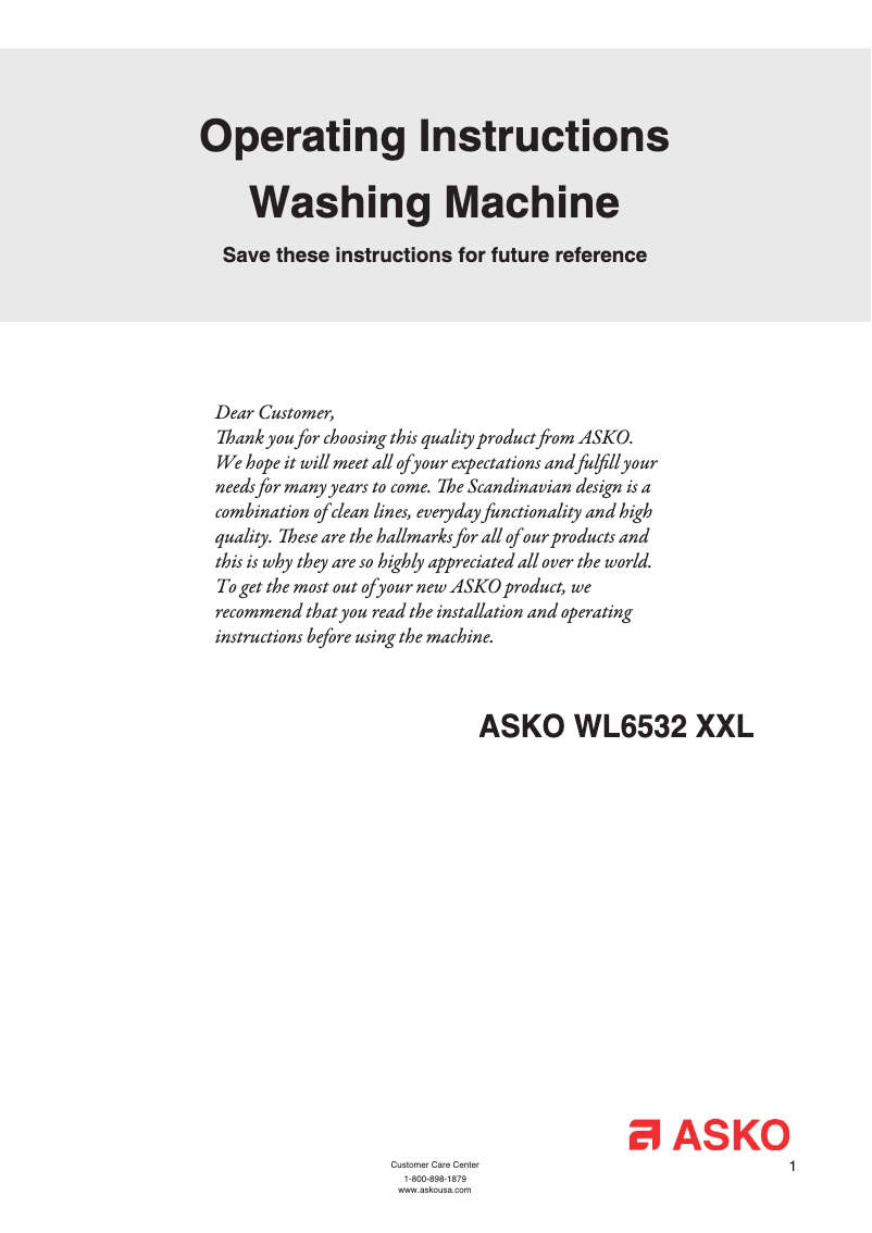 Page 1 of the manual User Manual Asko WL6532XXLRR