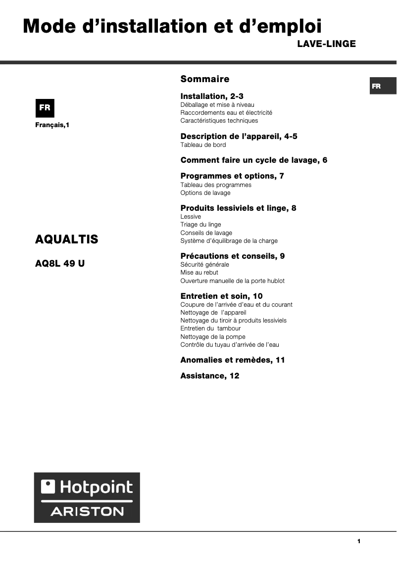 Page 1 of the manual User Manual Hotpoint Ariston AQ 8 L 49 U