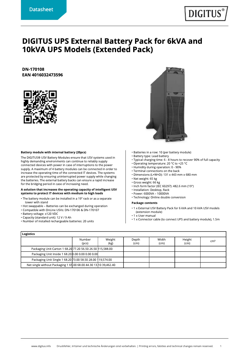 Page 1 of the manual Technical Sheet Digitus DN-170108