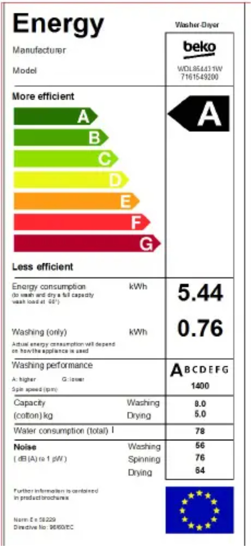 Page 1 of the manual Energy Label Beko WDL854431