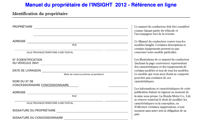 Page 1 of the manual User Manual Honda Insight (2012)