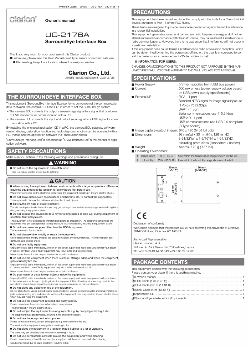 Page 1 de la notice Manuel utilisateur Clarion UG-2176A