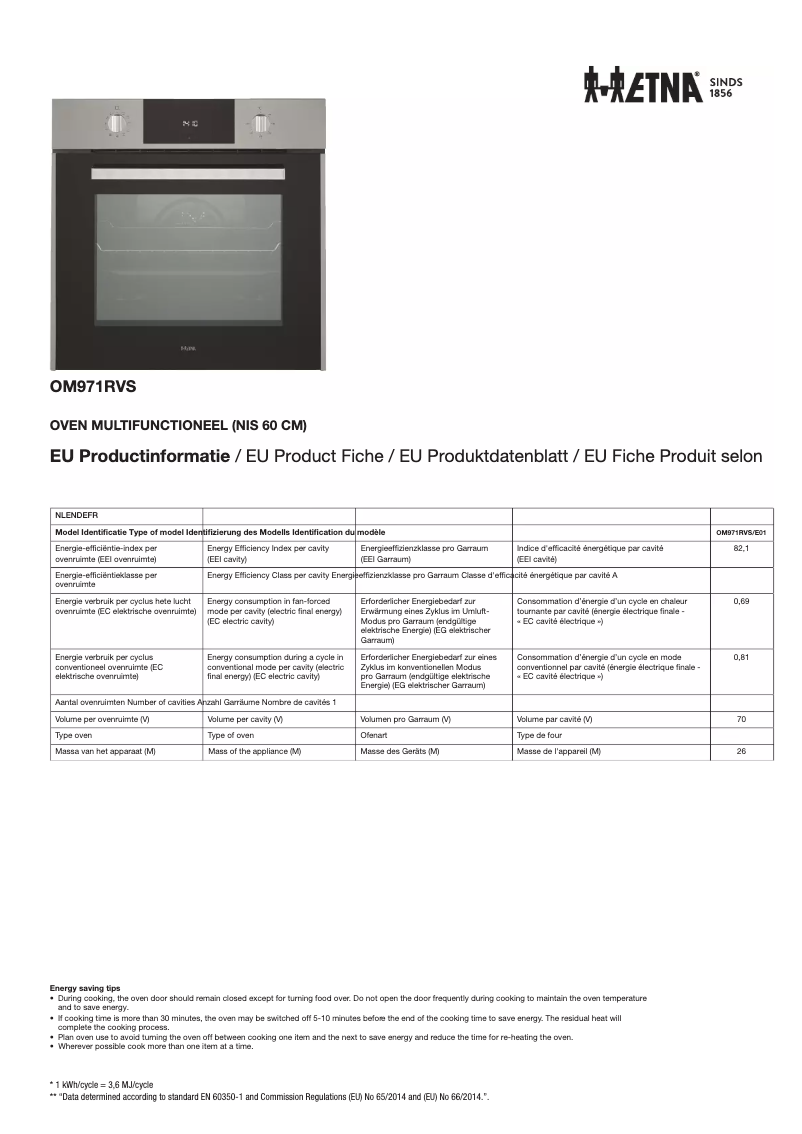 Page 1 of the manual Technical Sheet Etna OM971RVS