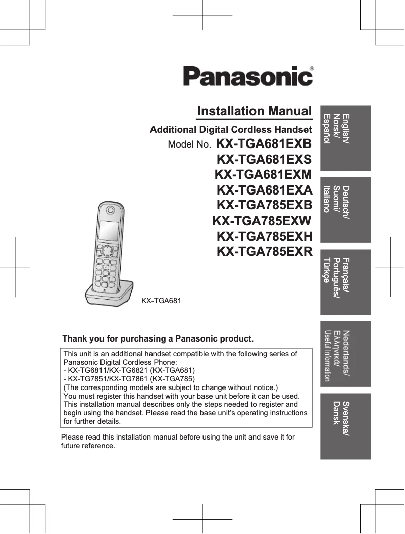 First page image of the manual for KX-TGA785EXR
