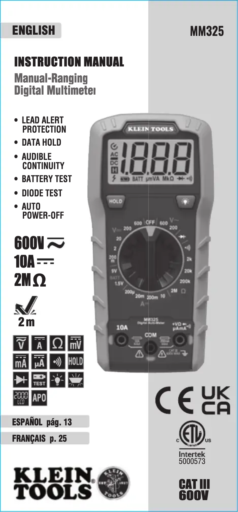 Page 1 de la notice Manuel utilisateur Klein Tools MM325
