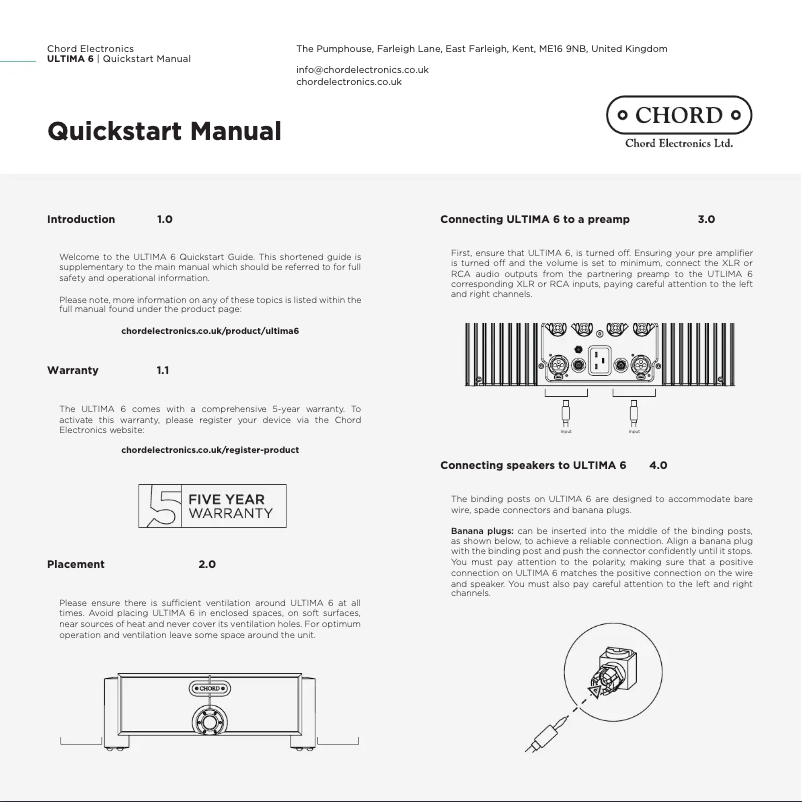 Page 1 of the manual Quick Start Guide Chord Ultima 6