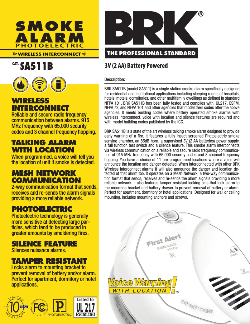 Page 1 of the manual Technical Sheet First Alert SA511B