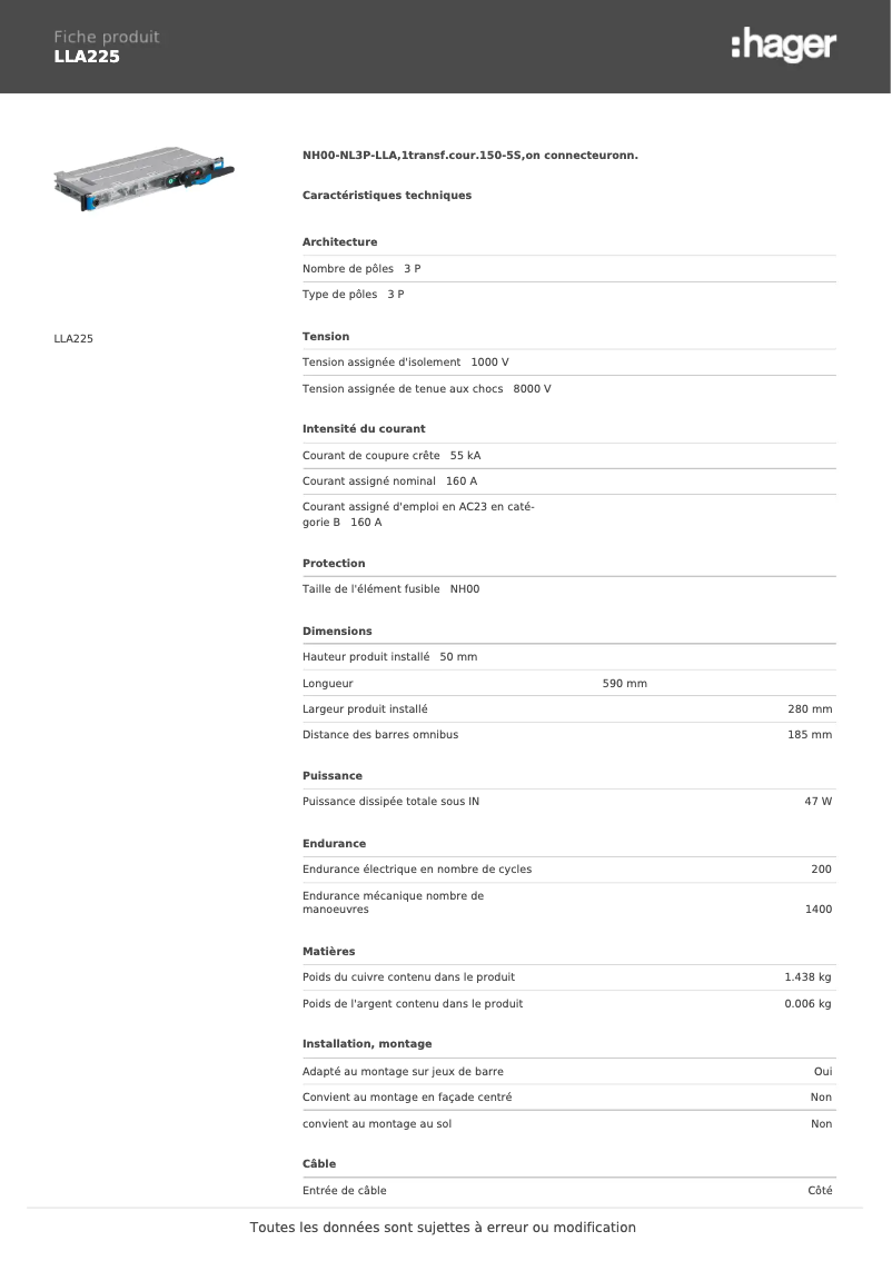 Page 1 of the manual Technical Sheet Hager LLA225
