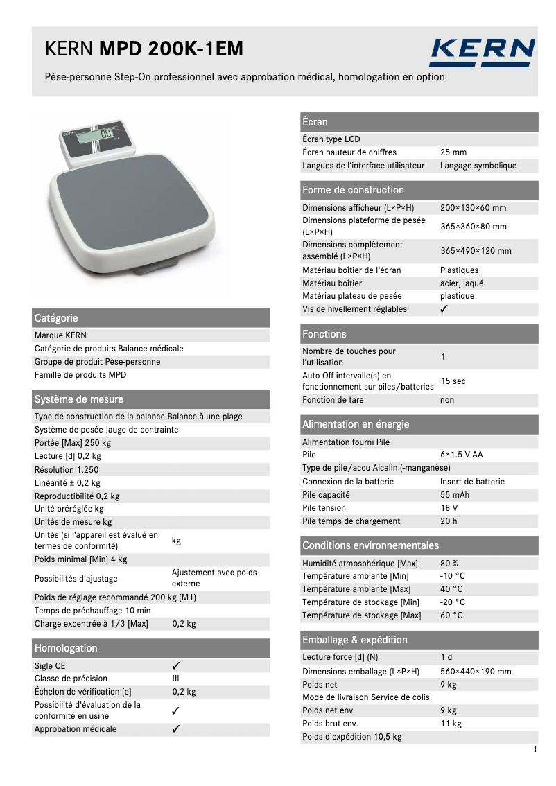 Page 1 of the manual Technical Sheet Kern MPD 200K-1EM