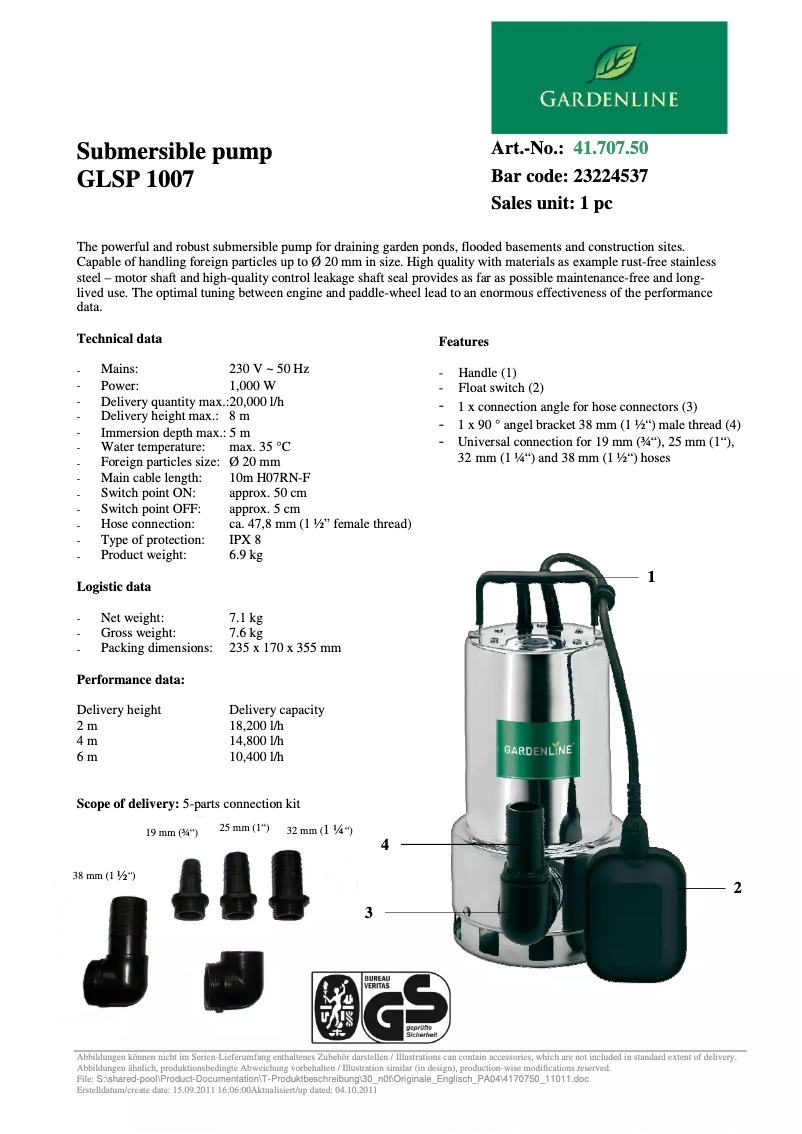 Page 1 of the manual Technical Sheet Gardenline GLSP 1007
