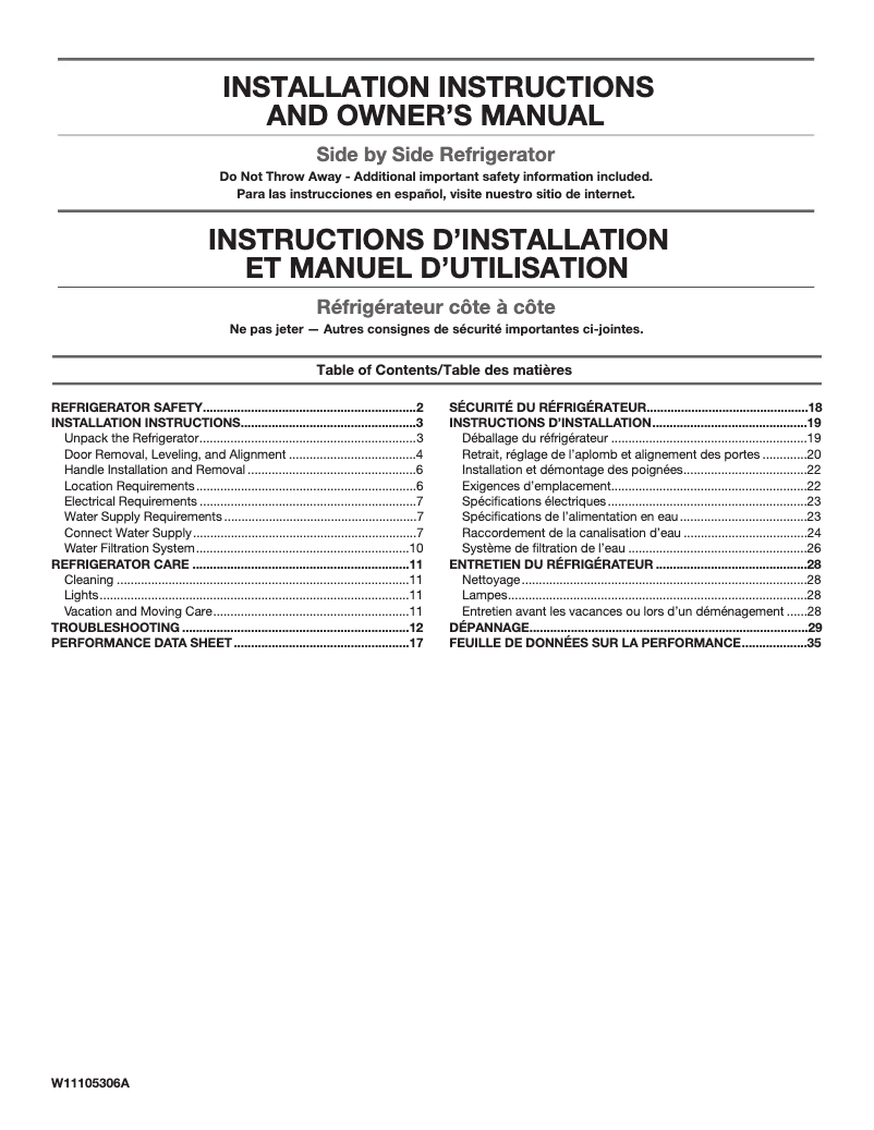 Page 1 of the manual Installation Guide Amana ASI2575GRB